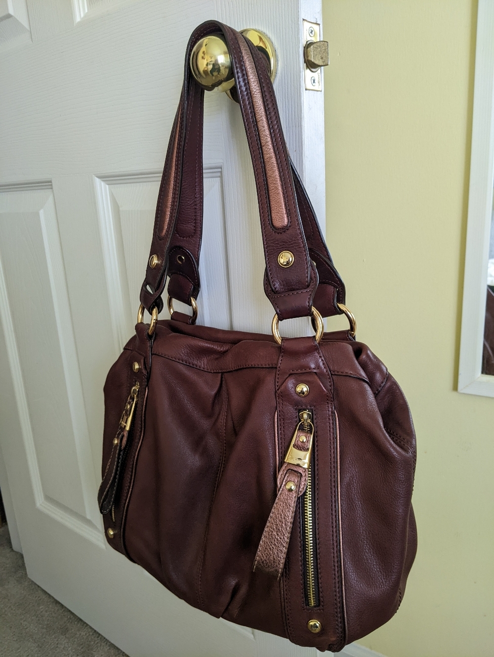 B. Makowsky Brown Leather Shoulder Bag Satchel Leopard Print Interior Gold Trim